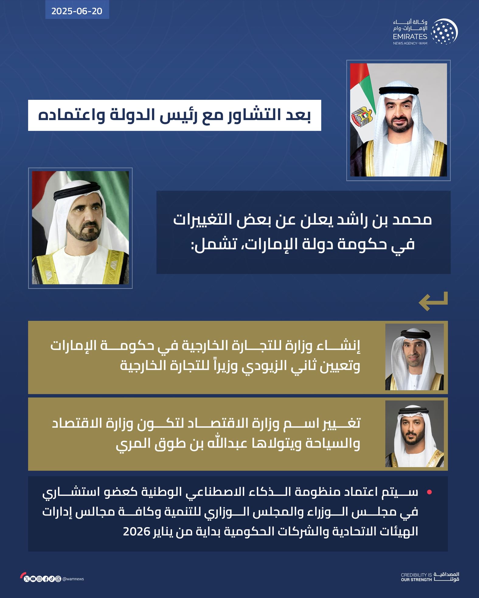 بعد التشاور مع رئيس الدولة واعتماده.. محمد بن راشد يعلن تغييرات في حكومة الإمارات