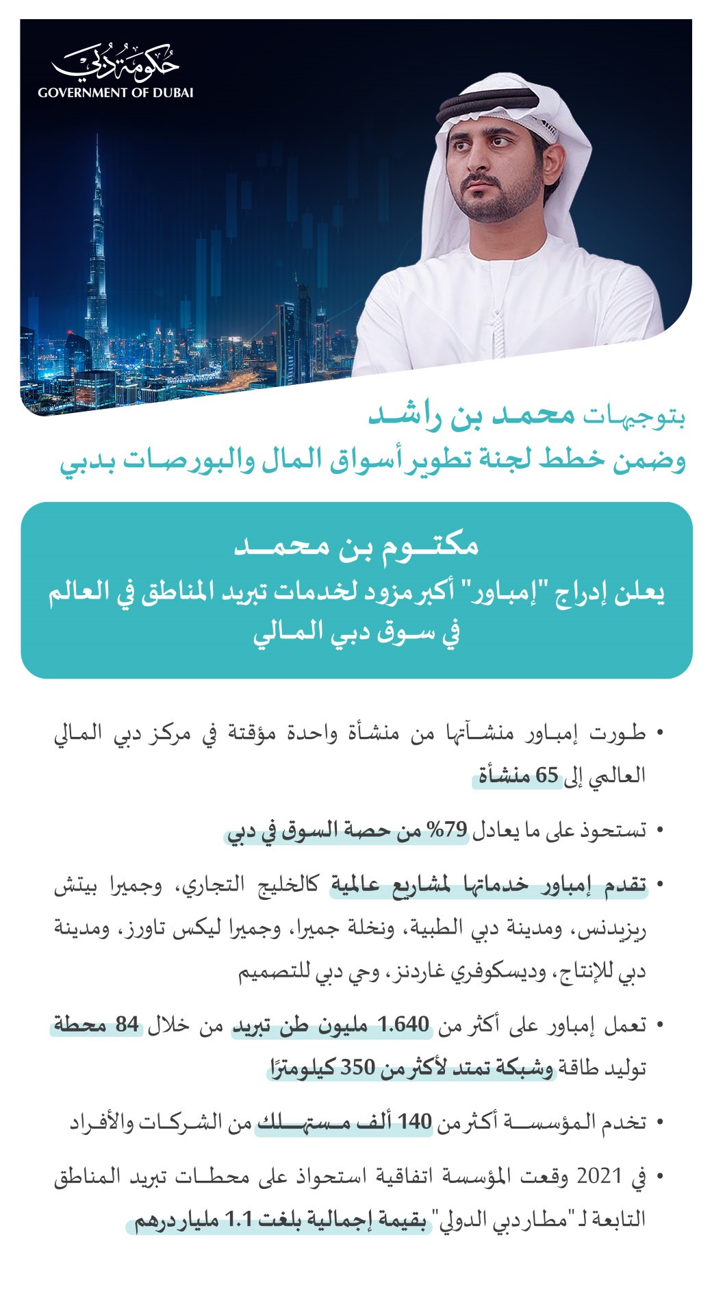 بتوجيهات محمد بن راشد.. مكتوم بن محمد يعلن إدراج "إمباور" في سوق دبي المالي