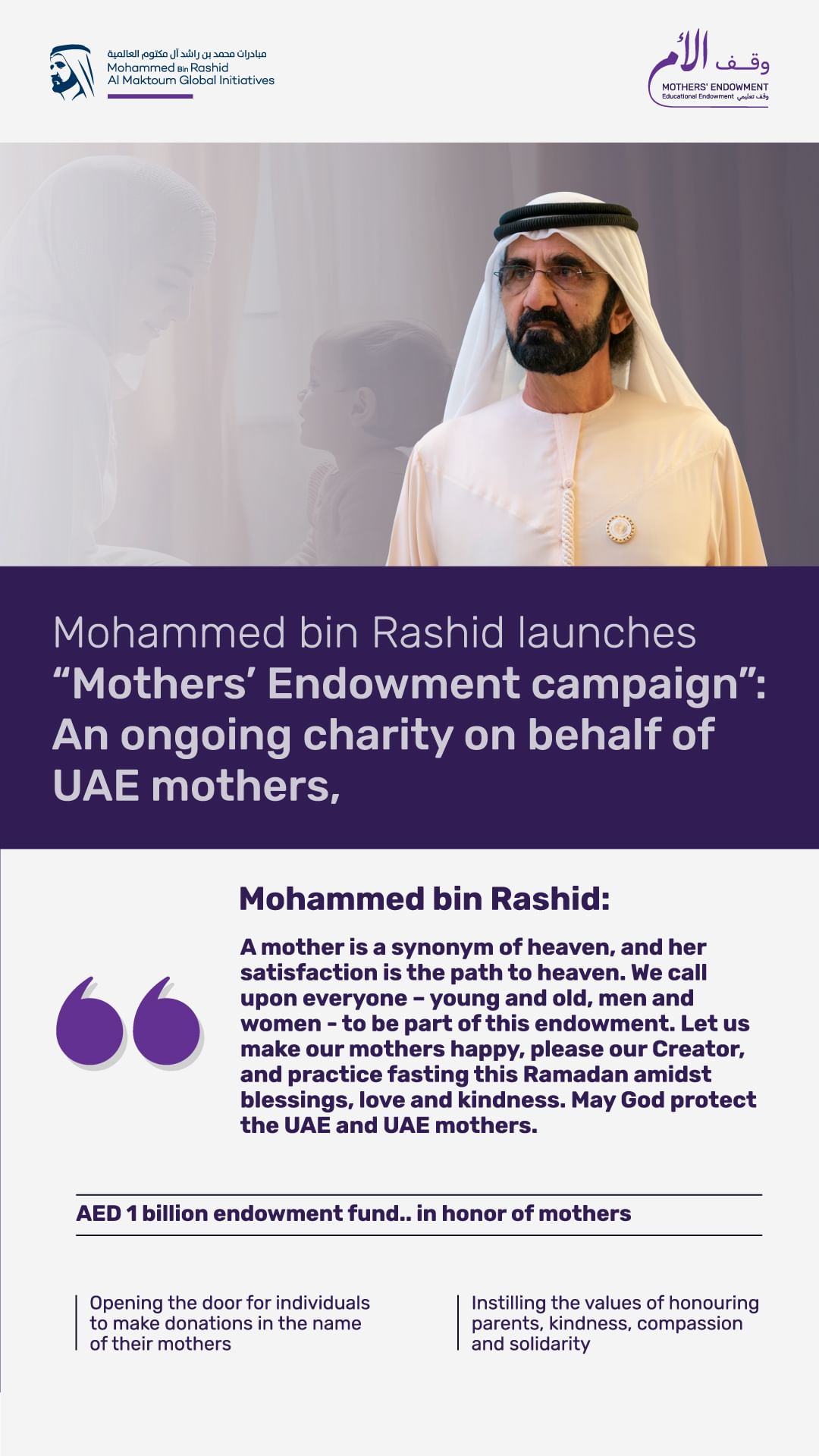 Mohammed bin Rashid launches Mothers’ Endowment campaign