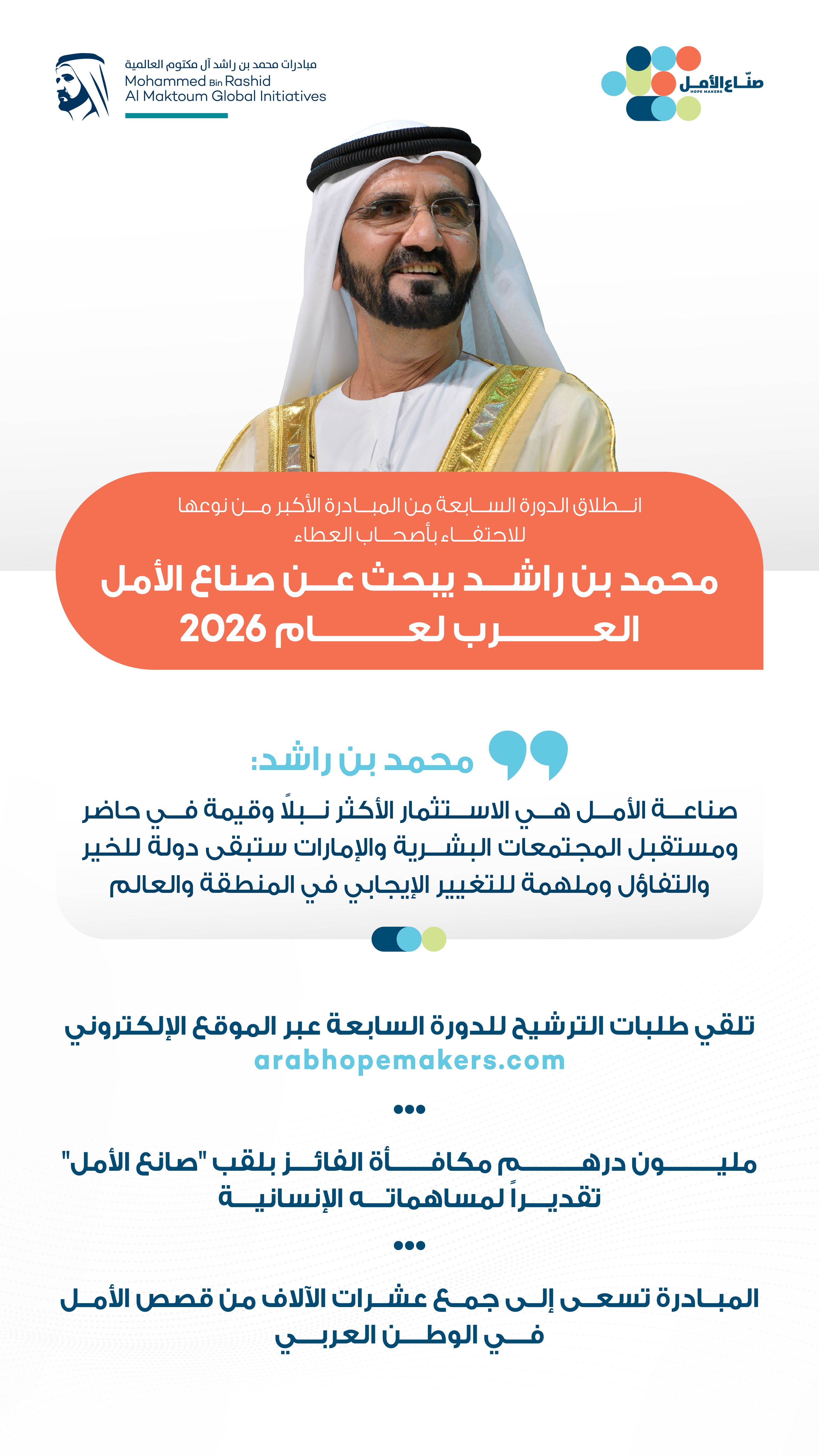 محمد بن راشد يبحث عن صناع الأمل العرب لعام 2026.. ويؤكد: الإمارات ستبقى دولة للخير والتفاؤل وملهمة للتغيير الإيجابي في المنطقة والعالم