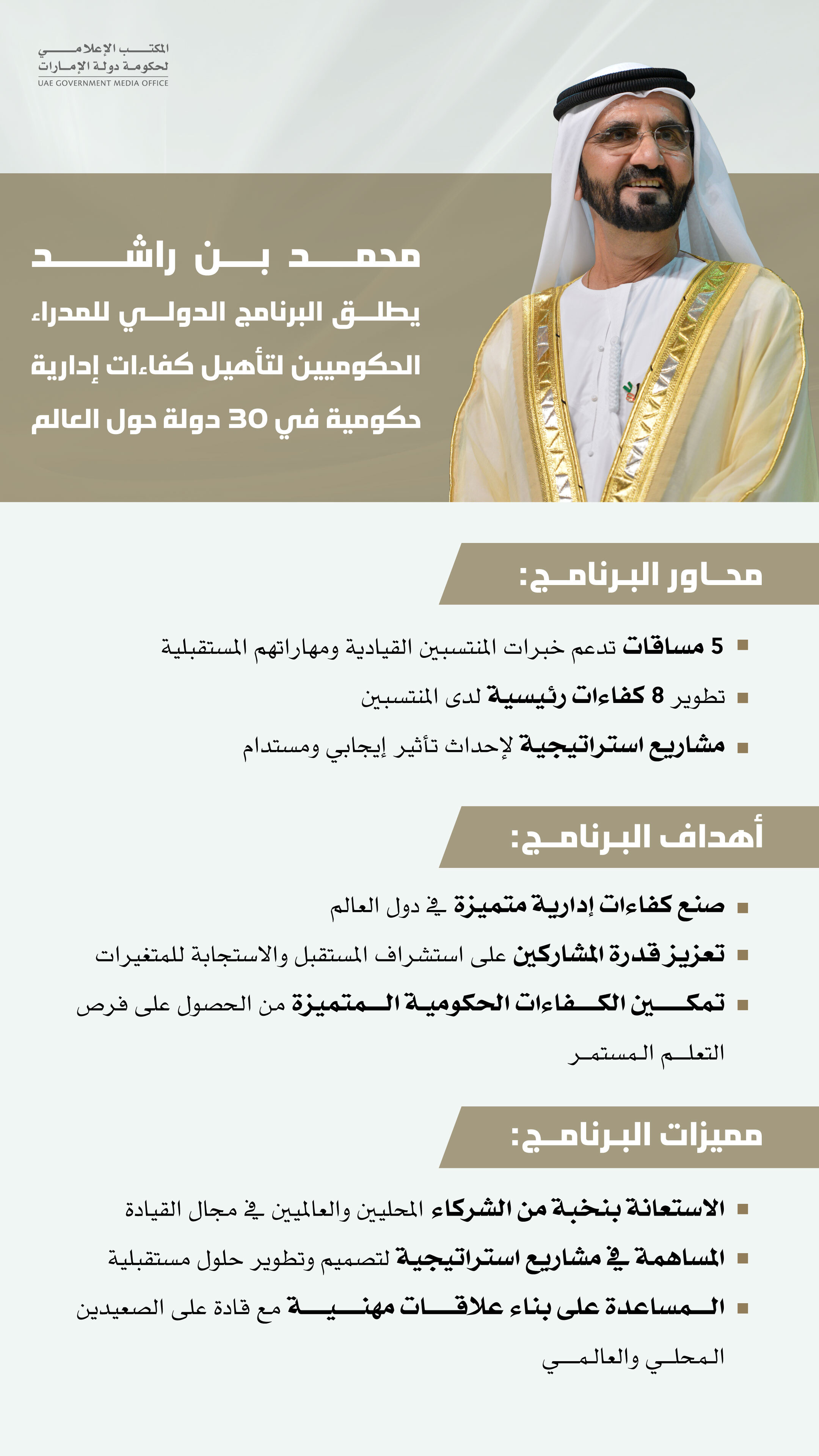 محمد بن راشد يطلق البرنامج الدولي للمدراء الحكوميين لتأهيل كفاءات إدارية حكومية في 30 دولة حول العالم