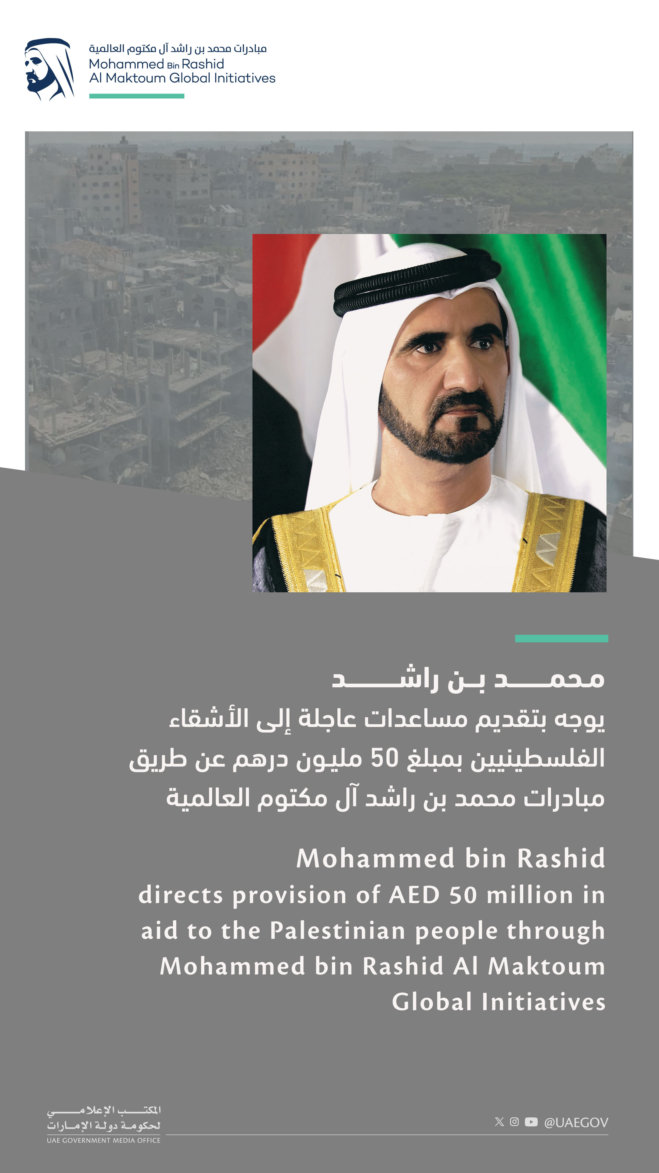 محمد بن راشد يوجه بتقديم مساعدات عاجلة إلى الأشقاء الفلسطينيين بمبلغ 50 مليون درهم